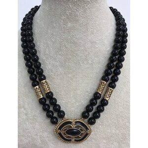 1928 Black Beaded Necklace Victorian Gold Toned Accents Clasp Multi Strand *READ